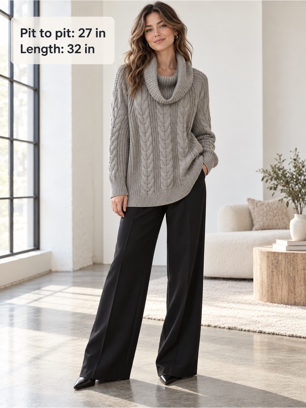 Haven Well Within Large Gray Cable Knit Cowl Neck Oversized Tunic Sweater